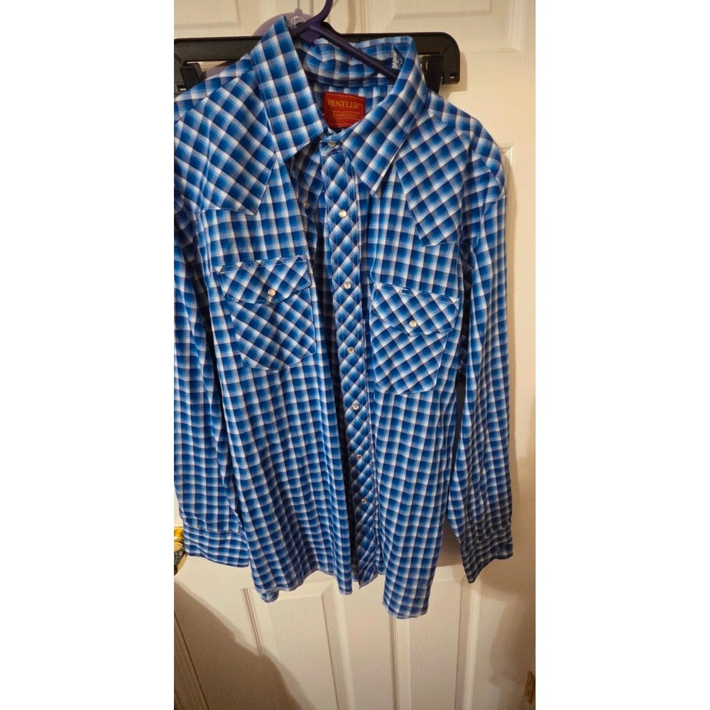 Rustler Mens XL Blue White Plaid Pearl Snap Western Cowboy Long Sleeve Shirt